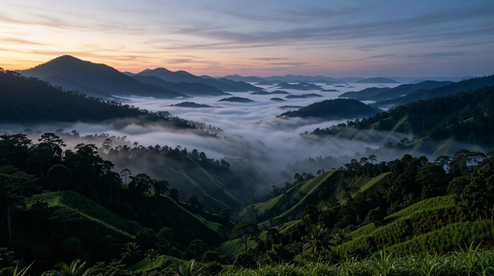 Misty Indonesian highlands at dawn